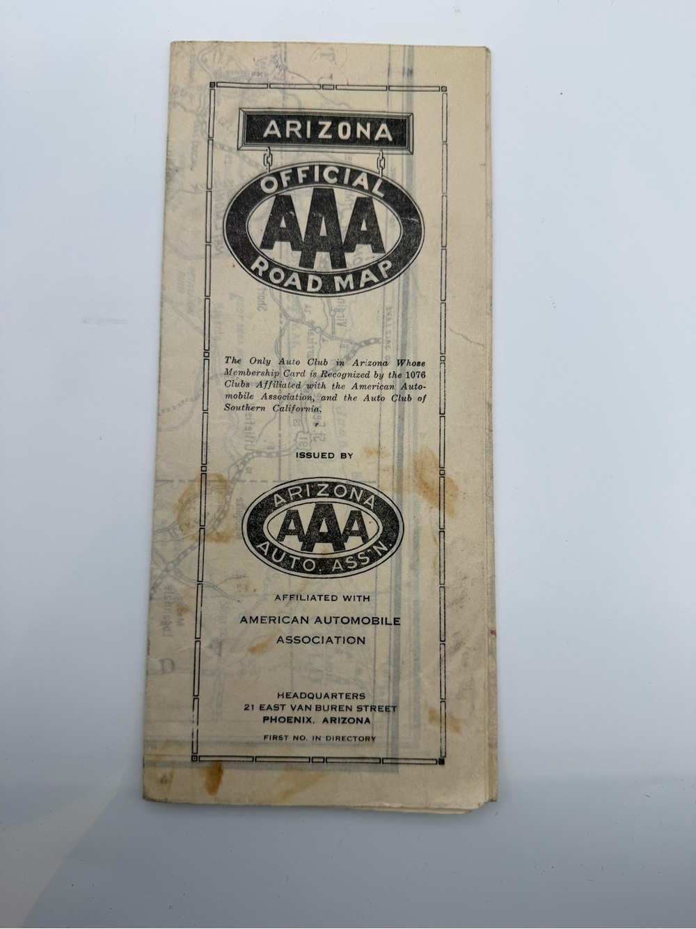 Vintage 1930 Arizona AAA
Road Map Official State
Automobile Club Route 66
Era